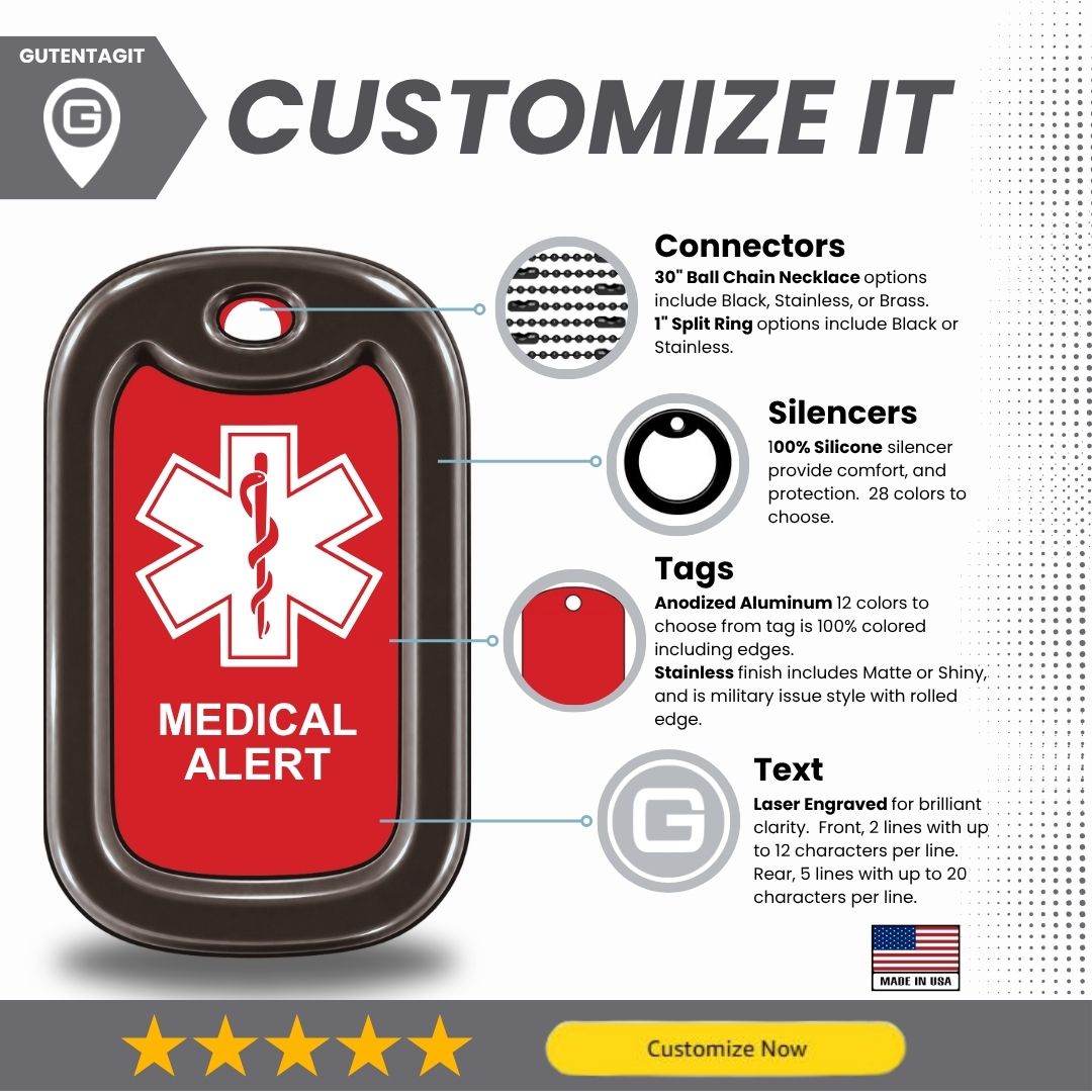 Medical Alert Dog Tag Necklace - Personalized